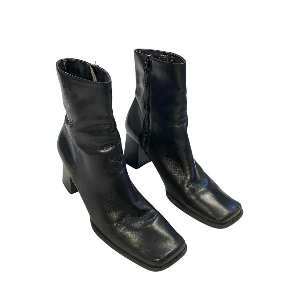 90s Nine West Black Leather Square Toe Heeled Booties